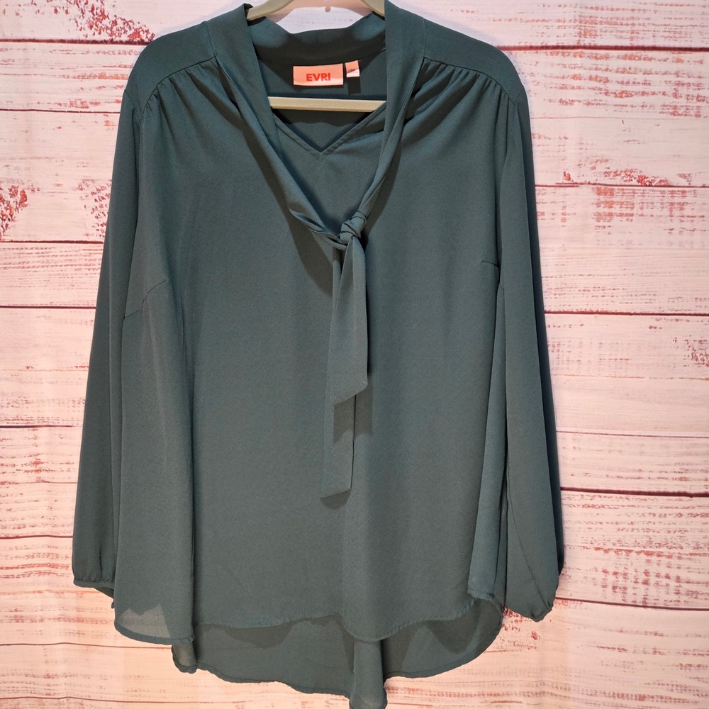 EVRI Womens 1X Forest Green‎ Long Sleeve Neck Tie V-Neck Crepe Blouse Plus Size